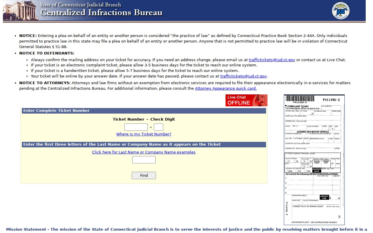 Waterbury traffic warrant CIB ticket lookup fields