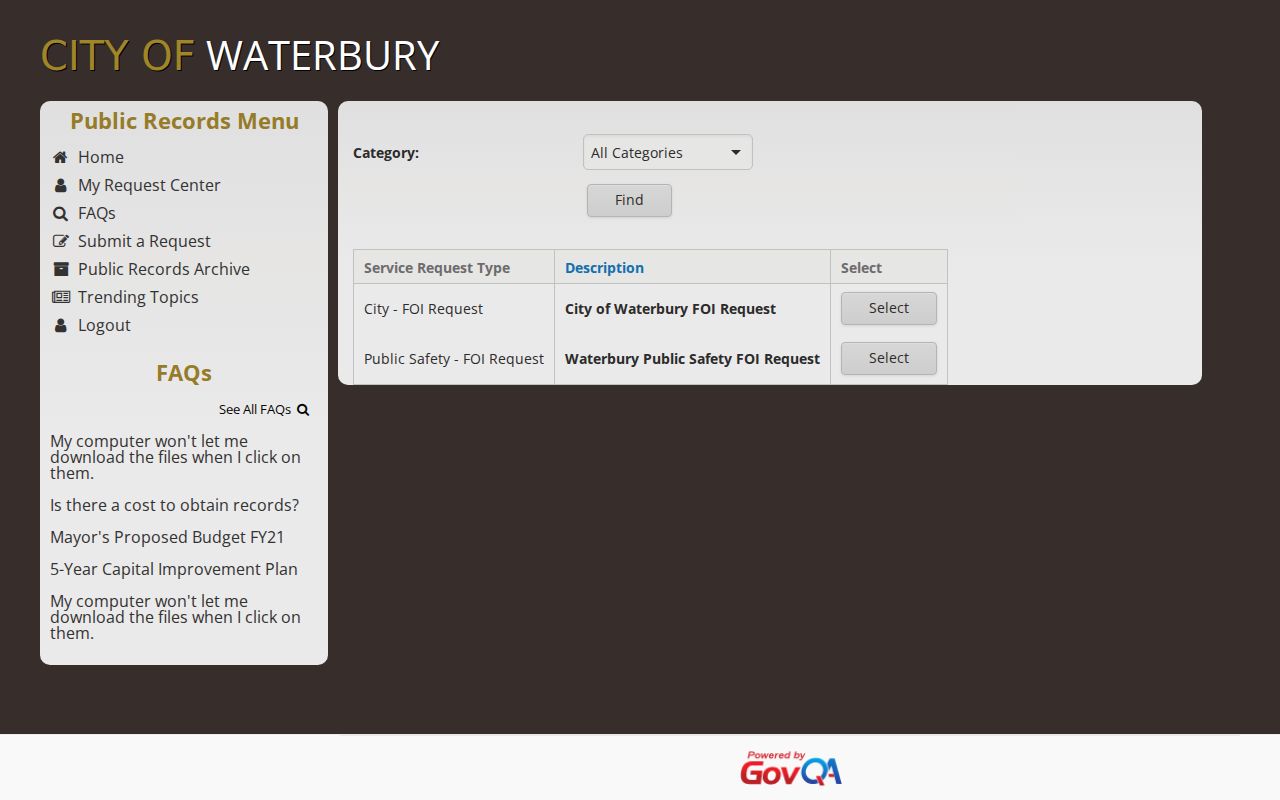 Waterbury warrant search GovQA request selection