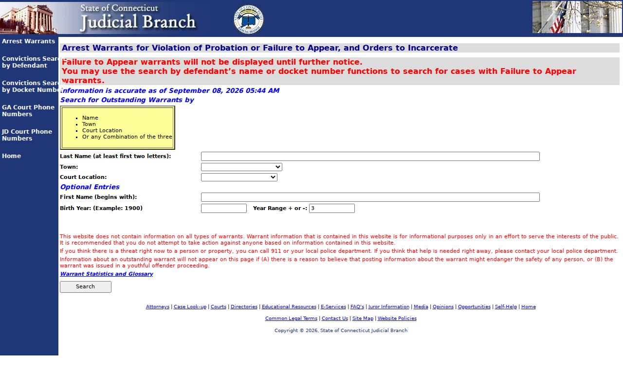 Waterbury warrant records public VOP search interface